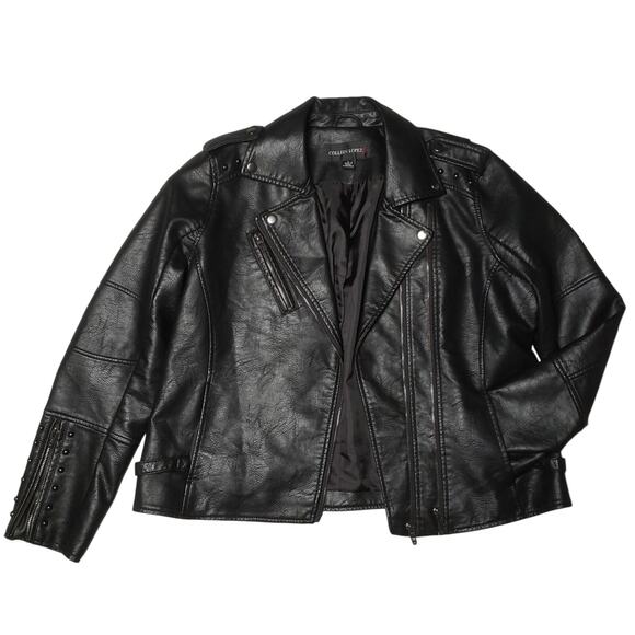 Colleen Lopez Womens Moto Biker Faux Leather Jacket Black Studded Large - Picture 1 of 8